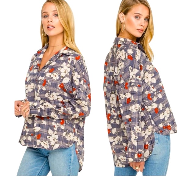🆕 Lush - Plaid and Floral Long Sleeve Blouse - Picture 1 of 9